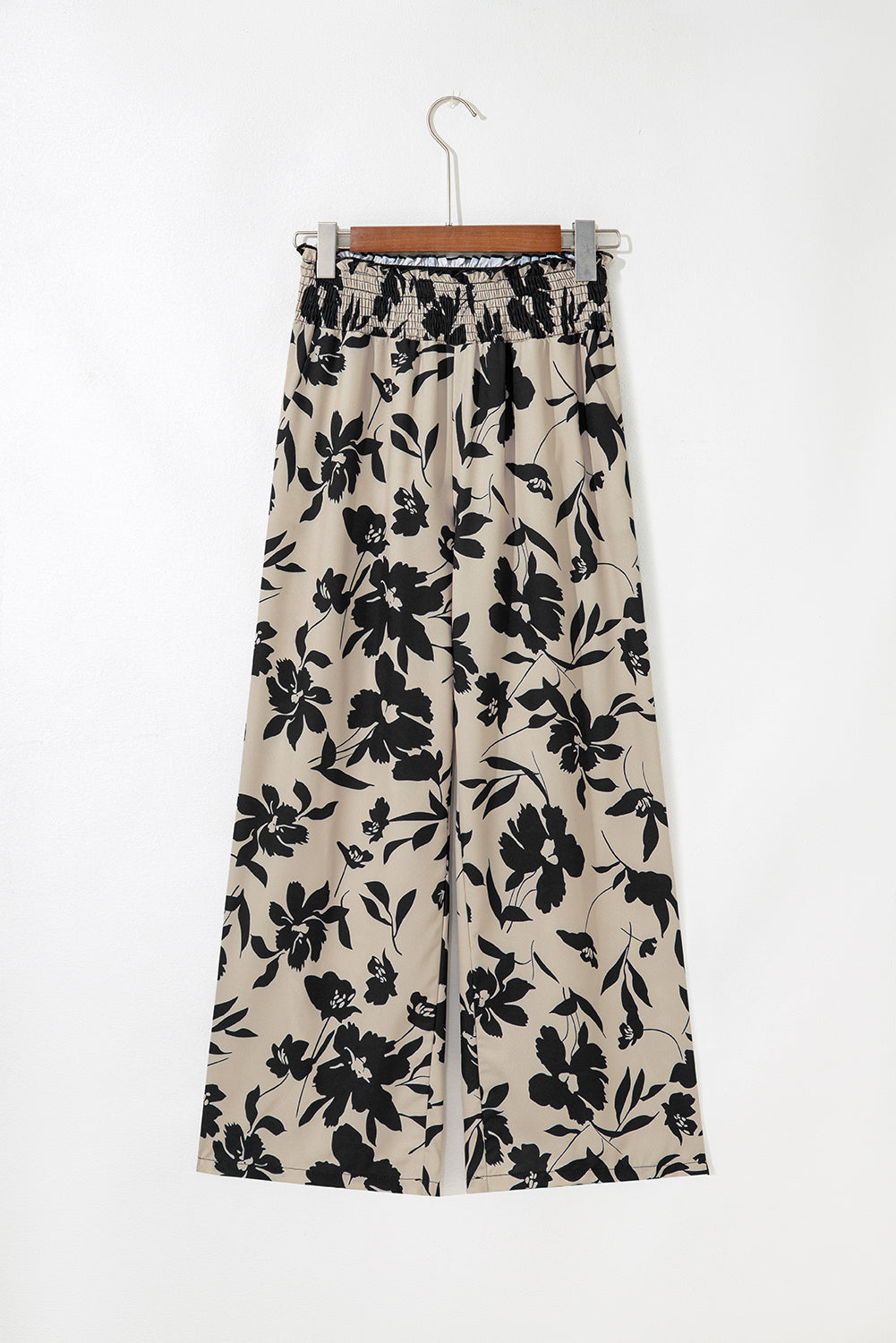 Khaki Floral Smocked Frill Waist Wide Leg Pants