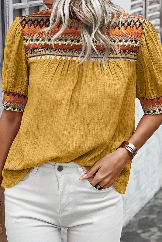 Mustard Geometric Short Puff Sleeve Frill Neck Blouse