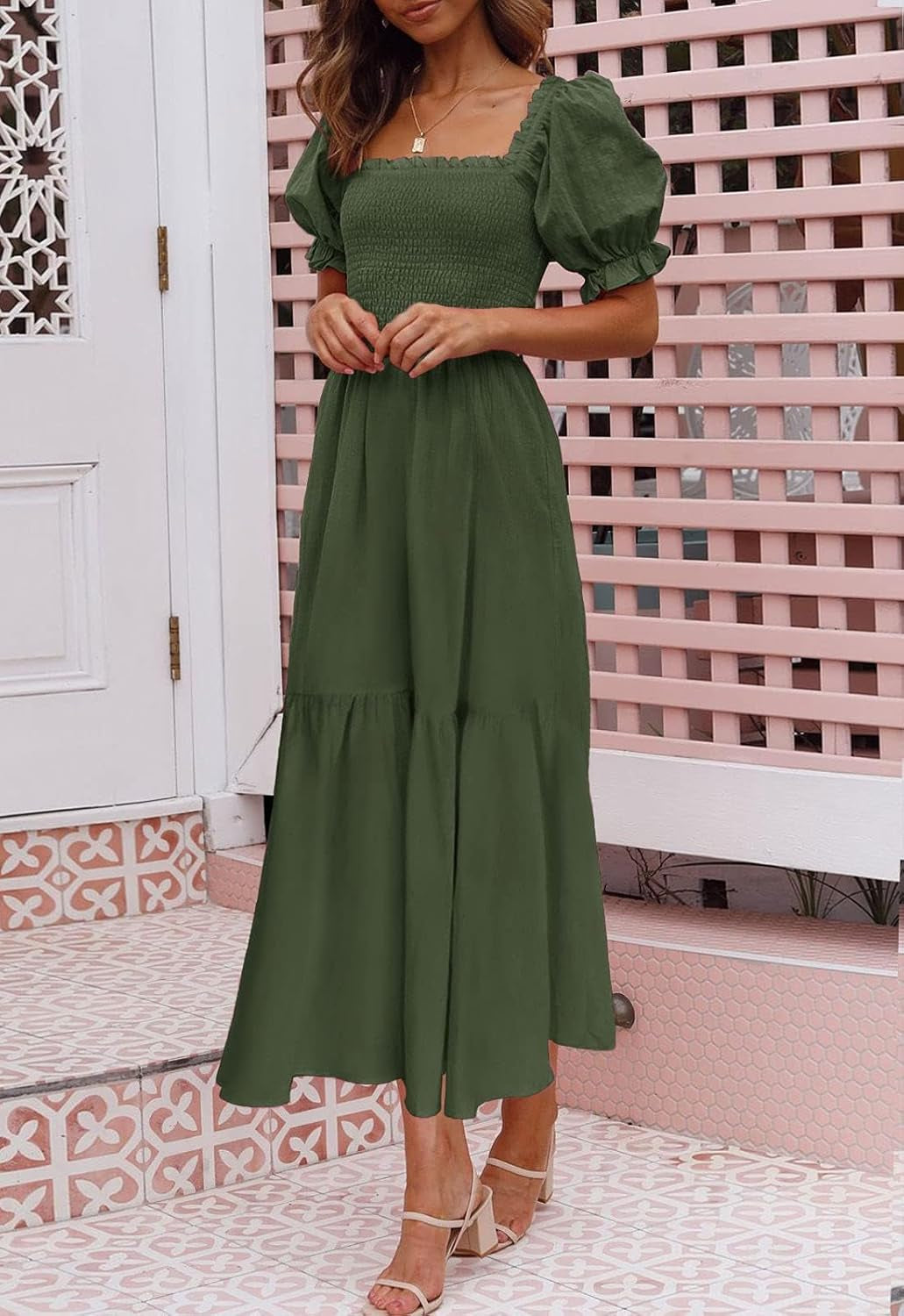 Women'S 2025 Summer Boho Floral Print Square Neck Ruffle Swing Beach Long Maxi Dress