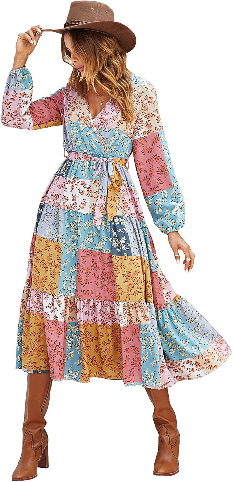 Womens Boho Fall Floral Print Ruffle Wedding Guest Deep Wrap V Neck Long Sleeve Casual Flowy Party Maxi Dress