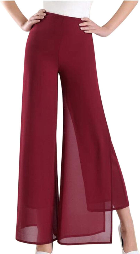 Womens Chiffon High Waist Palazzo Dressy Pants Flare Elastic Waist Culottes Trousers Pant