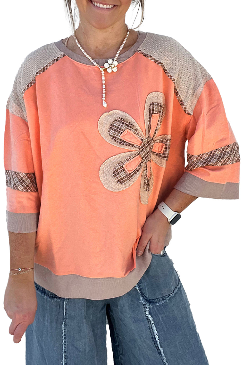 Grapefruit Orange Plaid Waffle Flower Patchwork Bracelet Sleeve Top