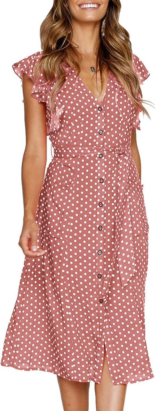 Women'S Boho Polka Dot Flutter Short Sleeve V Neck Button down Swing Midi Dress with Pockets