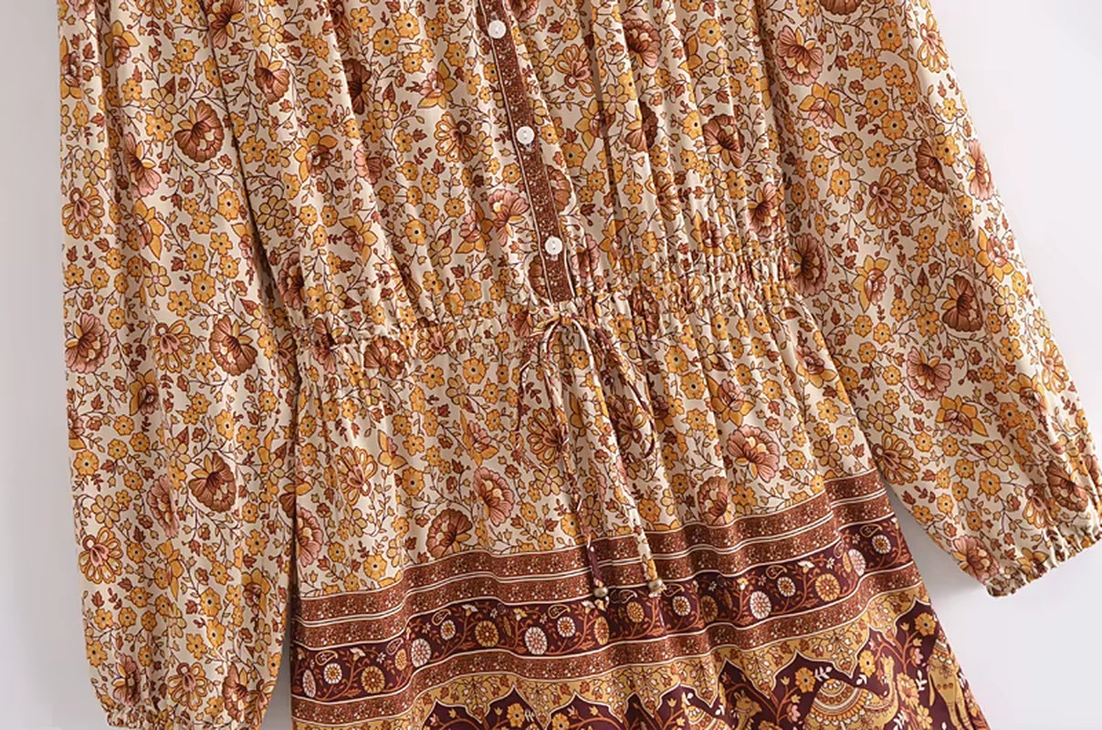 Women Floral Print Sashes Boho Playsuits Ladies Tie V Neck Long Sleeve Tassel Rayon Beach Rompers Bodysuit