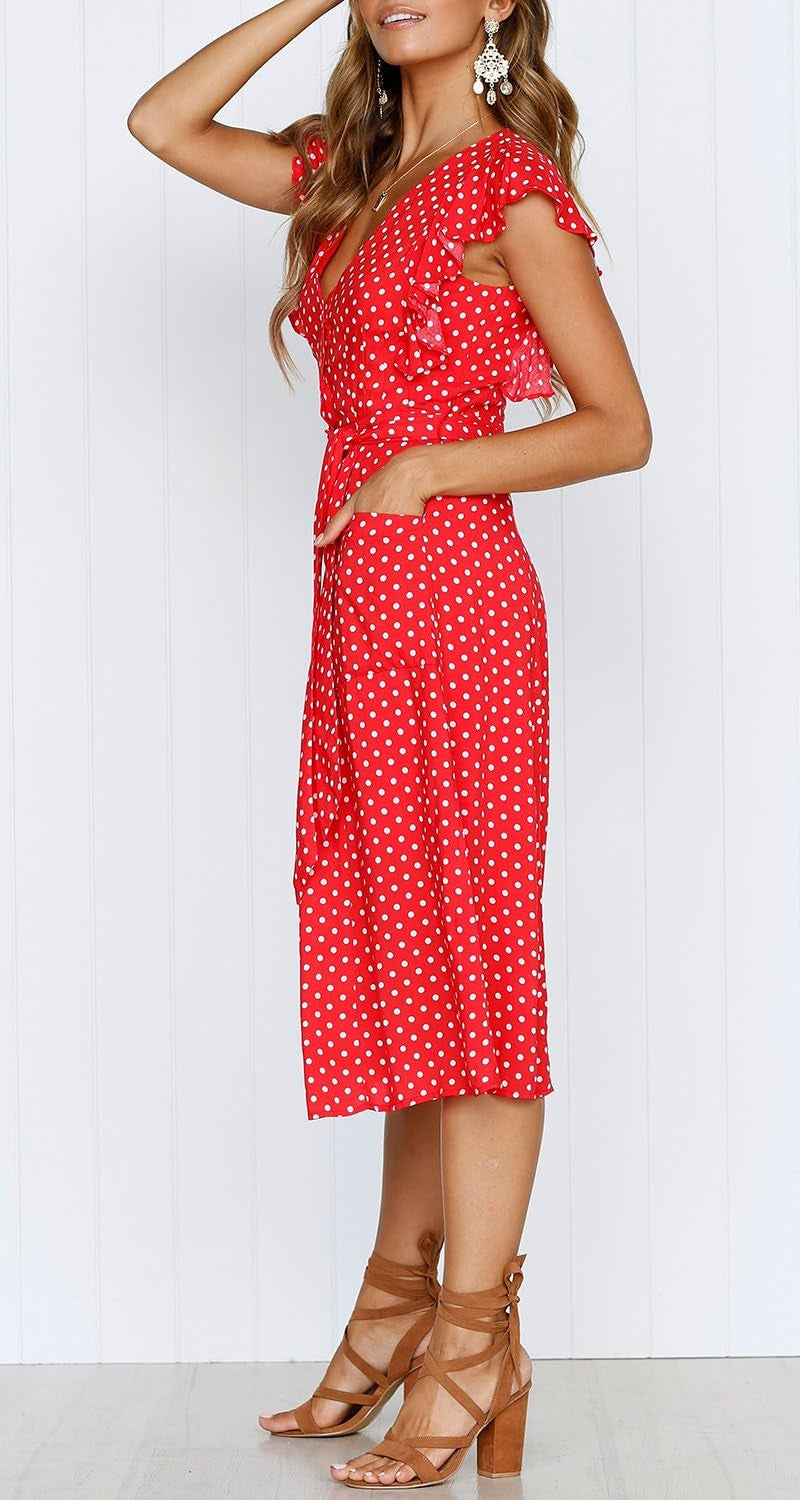 Women'S Boho Polka Dot Flutter Short Sleeve V Neck Button down Swing Midi Dress with Pockets