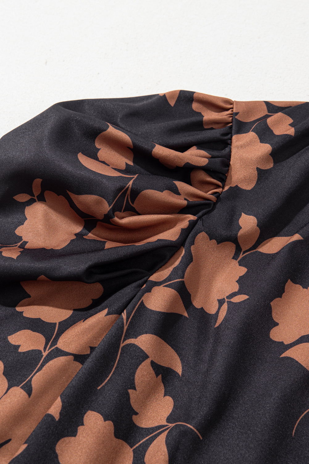 Chestnut Floral Print Frill Neck Bubble Sleeve Blouse