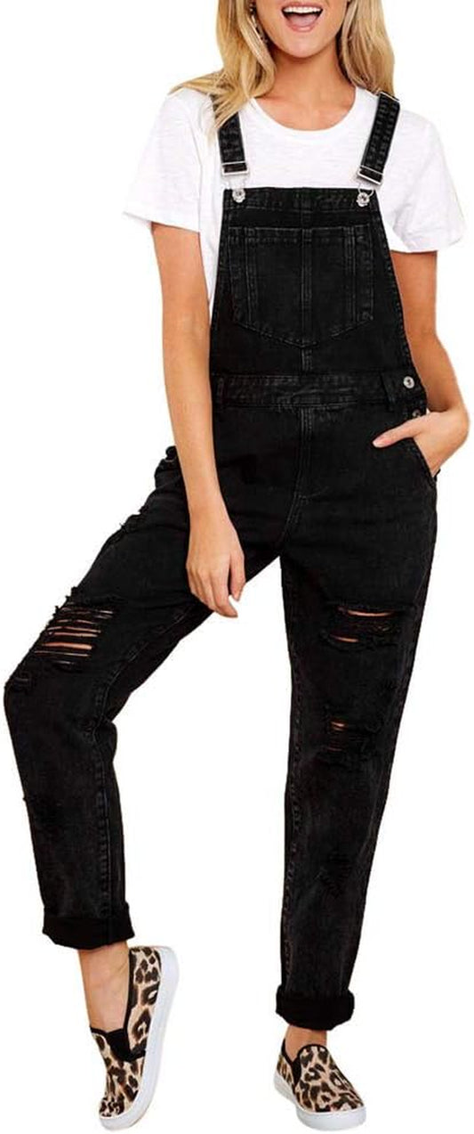Women Black Jumpsuit Casual Denim Bib Pants Holes Jeans Jumpsuit Sleeveless Long Romper Jeans Overalls