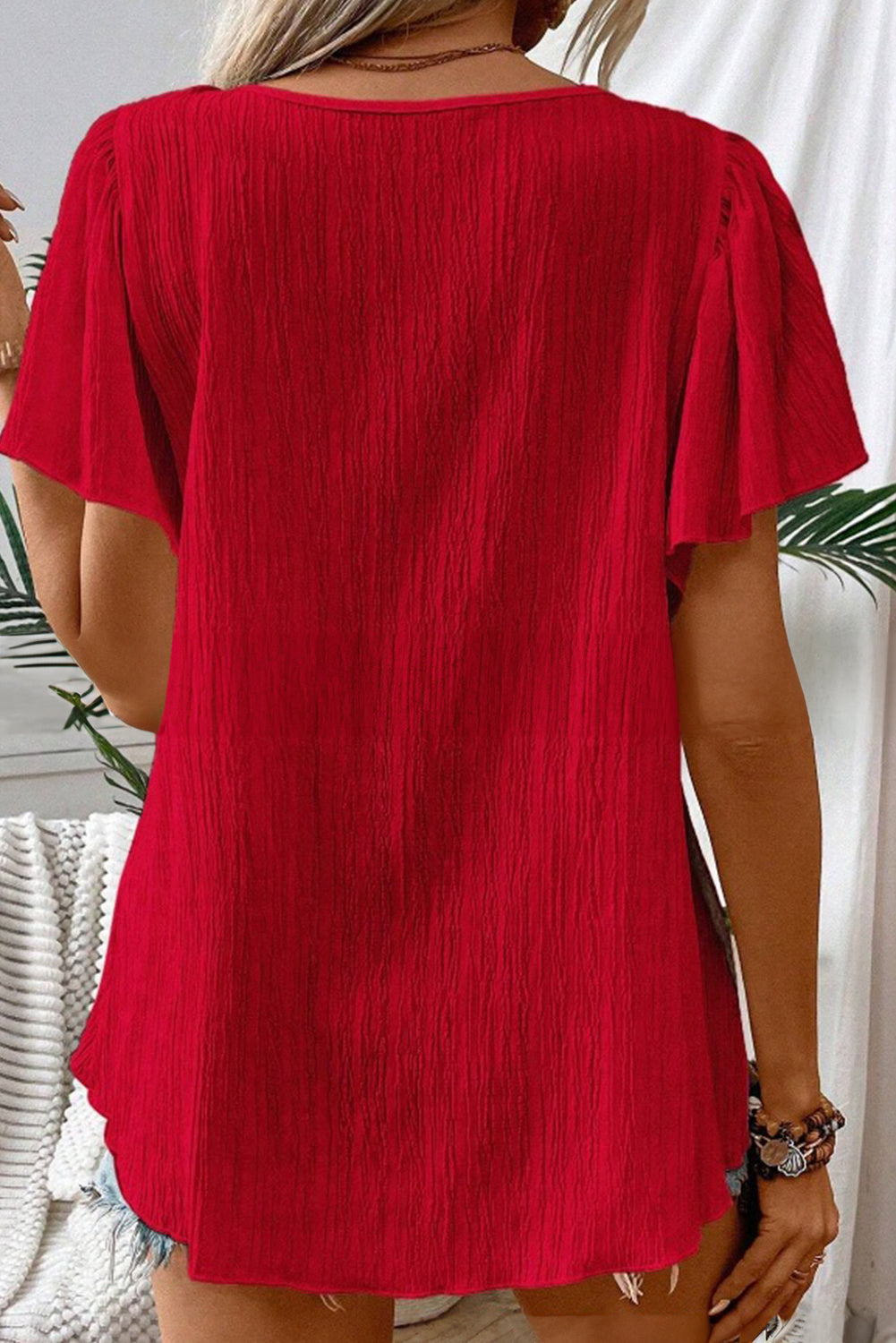 Racing Red Crochet Flower Square Neck Ruffle Sleeve Blouse