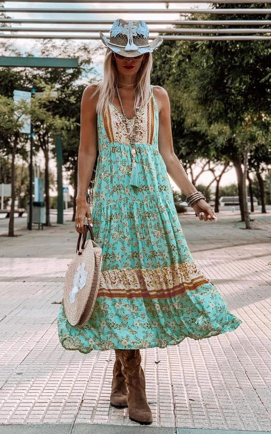 Women'S Dresses Floral Adjustable Spaghetti Strap V Neck Boho Long Maxi Dress Summer Beach Flowy Ethnic Sundress
