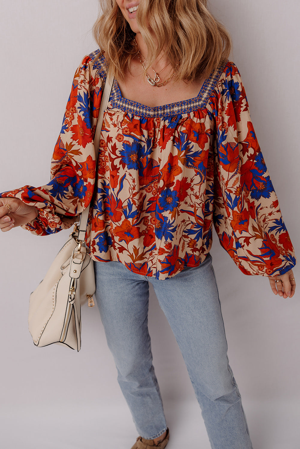 Multicolour Floral Print Square Neck Loose Fit Blouse