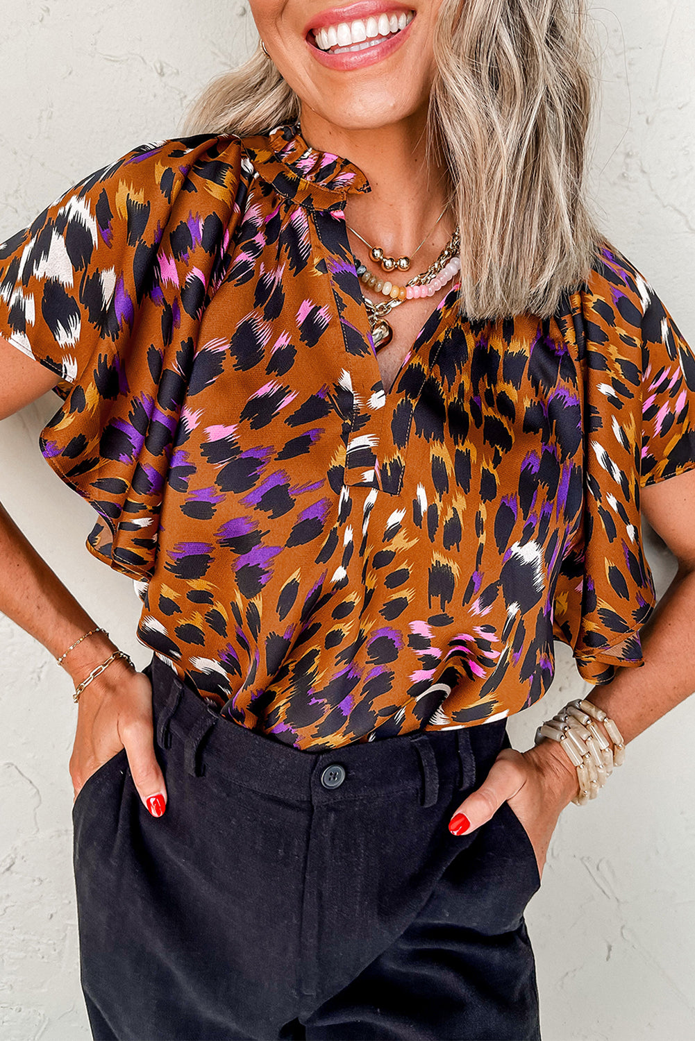 Orange Leopard Printed Short Sleeve Slit V Neck Blouse