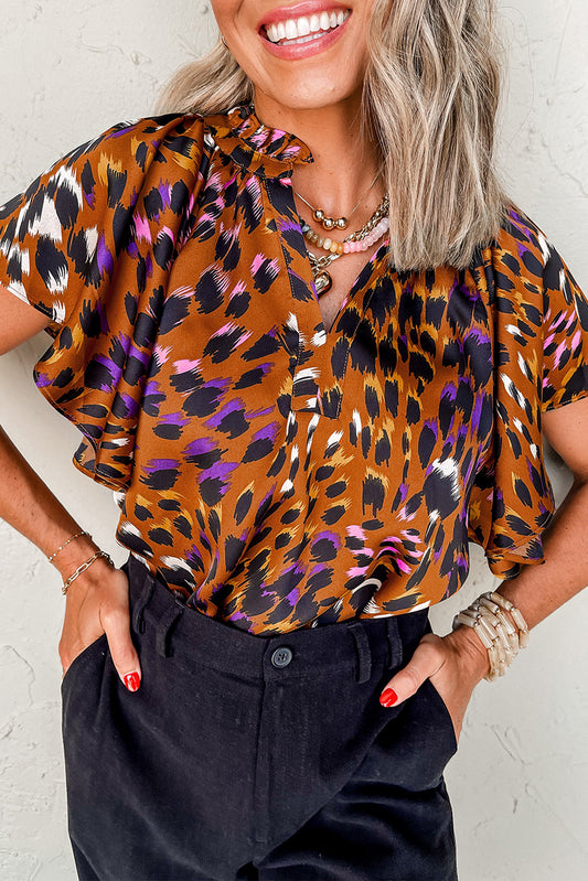 Orange Leopard Printed Short Sleeve Slit V Neck Blouse