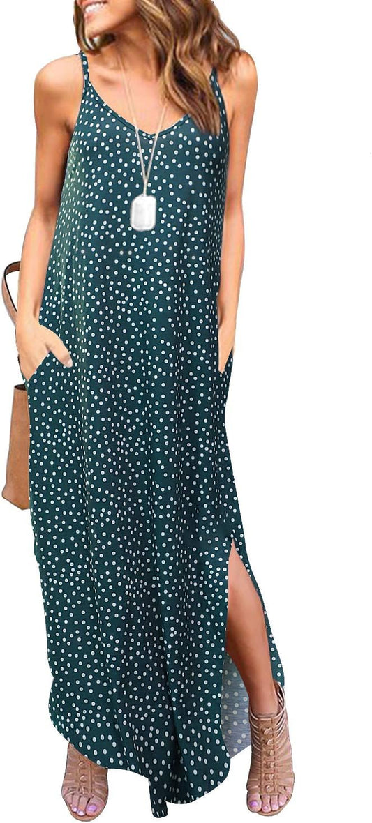 Women'S Summer Casual Sleeveless V Neck Strappy Split Loose Dress Beach Cover up Long Cami Maxi Dresses with Pocket