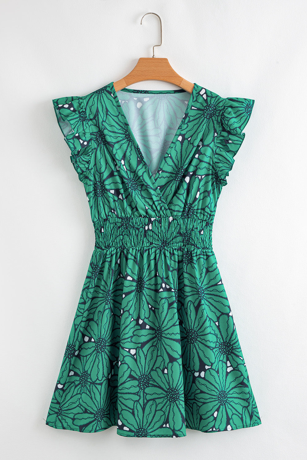Dark Green Wrapped V Neck Floral Print Ruffle Sleeve Dress