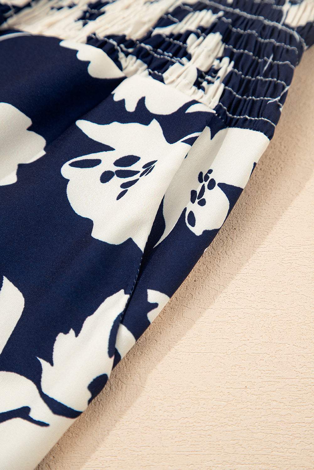 Blue Floral Smocked Frill Waist Wide Leg Pants