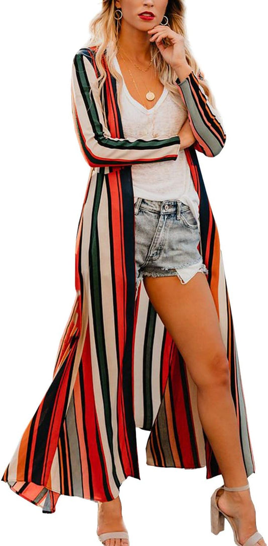 Women'S Chiffon Split Long Sleeve Lightweight Striped Kimono Cardigan Spring Outfit Wrap Cover up Medium
