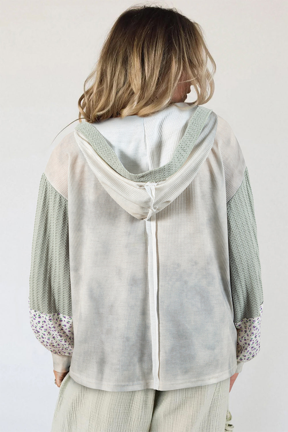 Green Floral Textured Colorblock Patchwork Lantern Sleeve Hooded Top