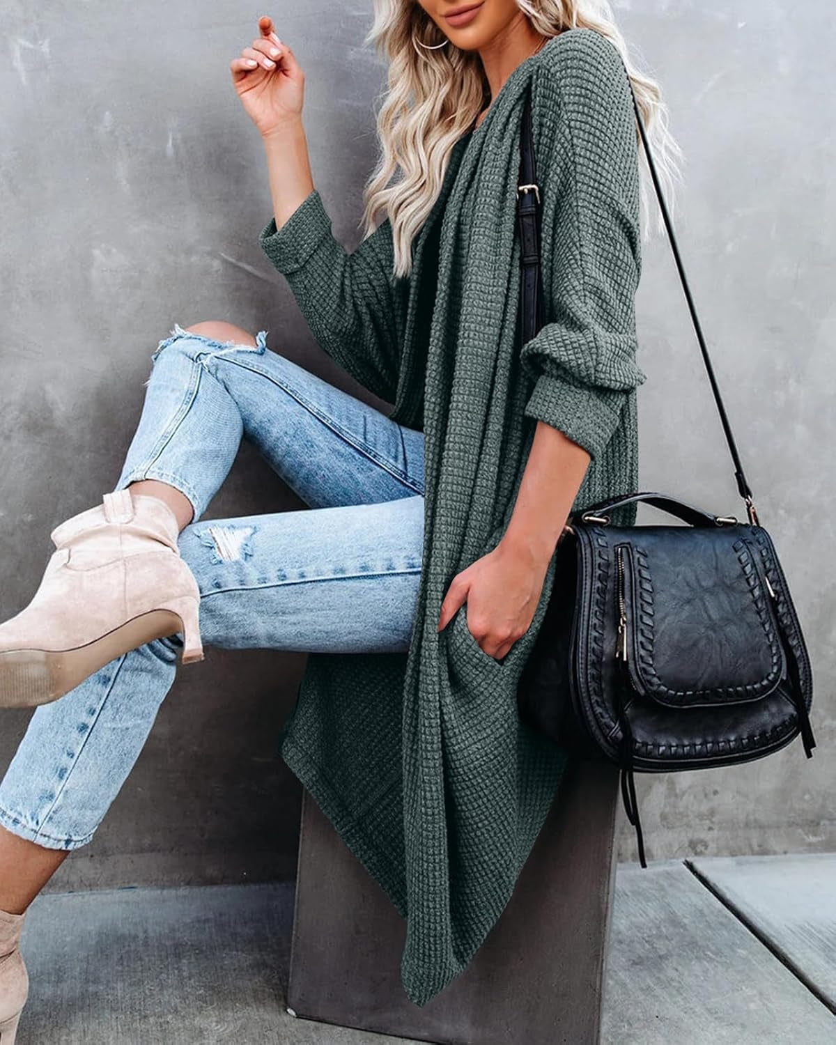 Womens Open Front Knit Cardigan Long Batwing Sleeve Oversized Sweater Chunky Waffle Cable Boho Pockets Coat