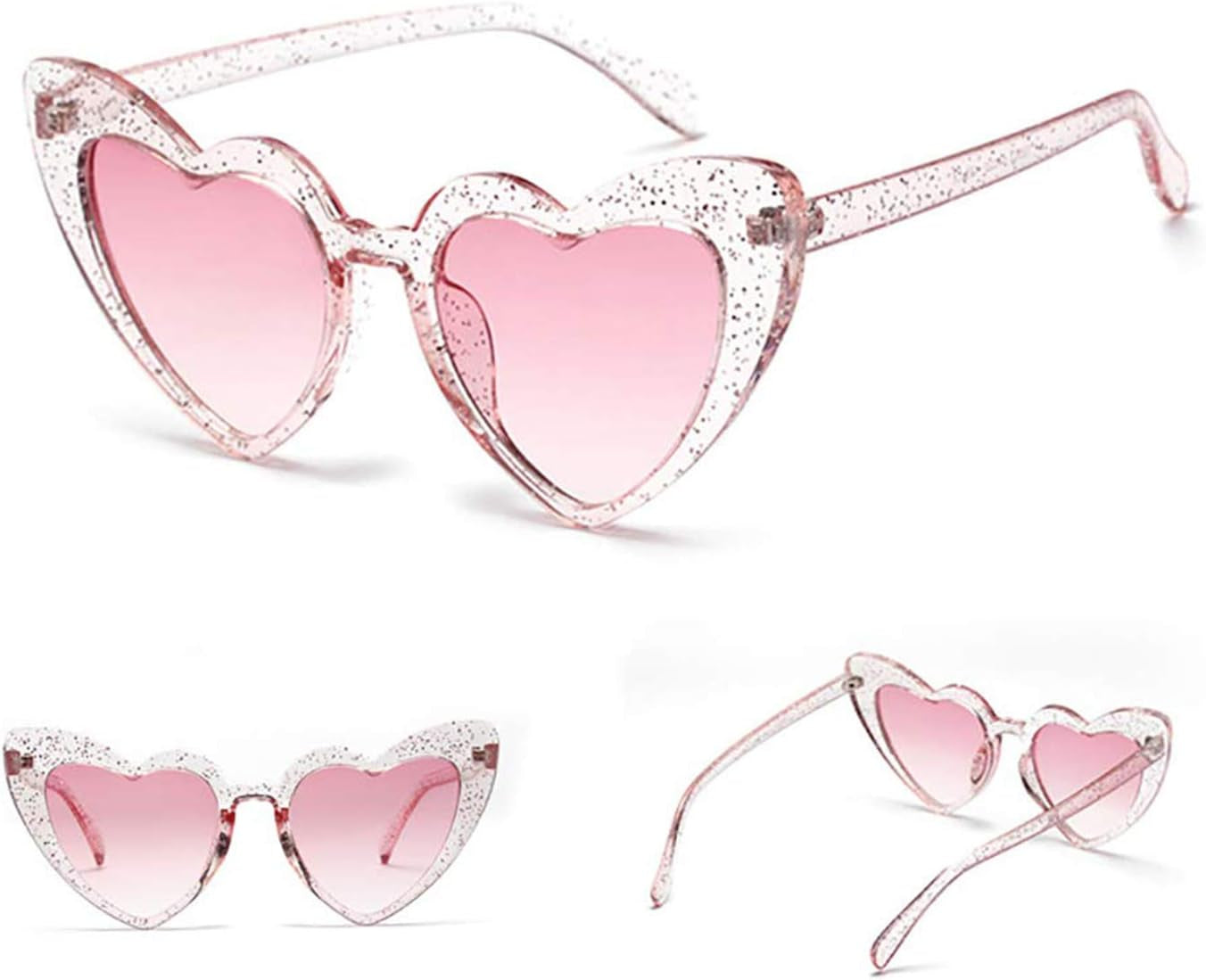 2 Pack Clout Heart Shaped Sunglasses Goggles Vintage Cat Eye Mod Style Retro Kurt Cobain Glasses (Glitter*2)