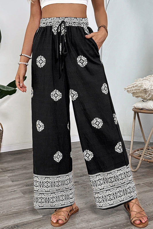 Black Abstract Print Drawstring Waist Wide Leg Pants