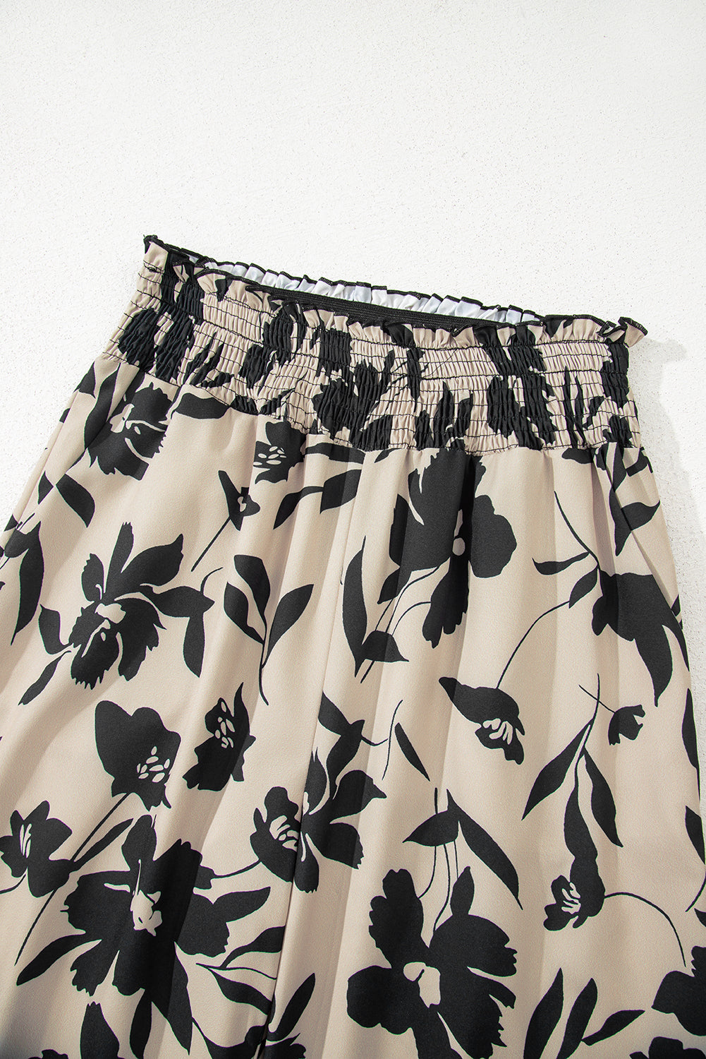 Khaki Floral Smocked Frill Waist Wide Leg Pants