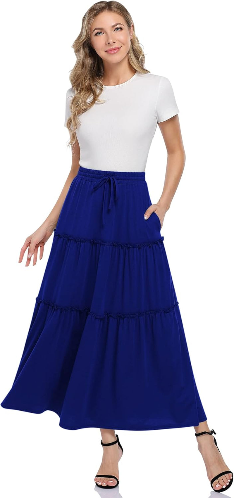 Womens High Waisted Long Skirts a Line Boho Ruffle Flowy Tiered Pleated Maxi Skirt with Pockets