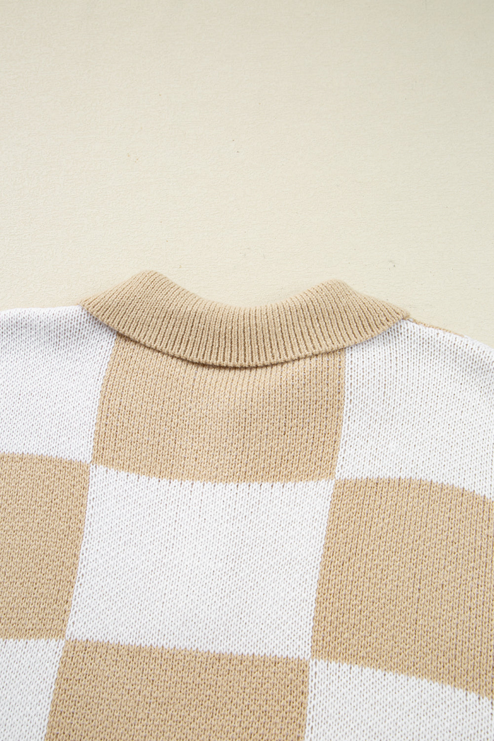 Light French Beige Checkered V-Neck Collared Pullover Sweater