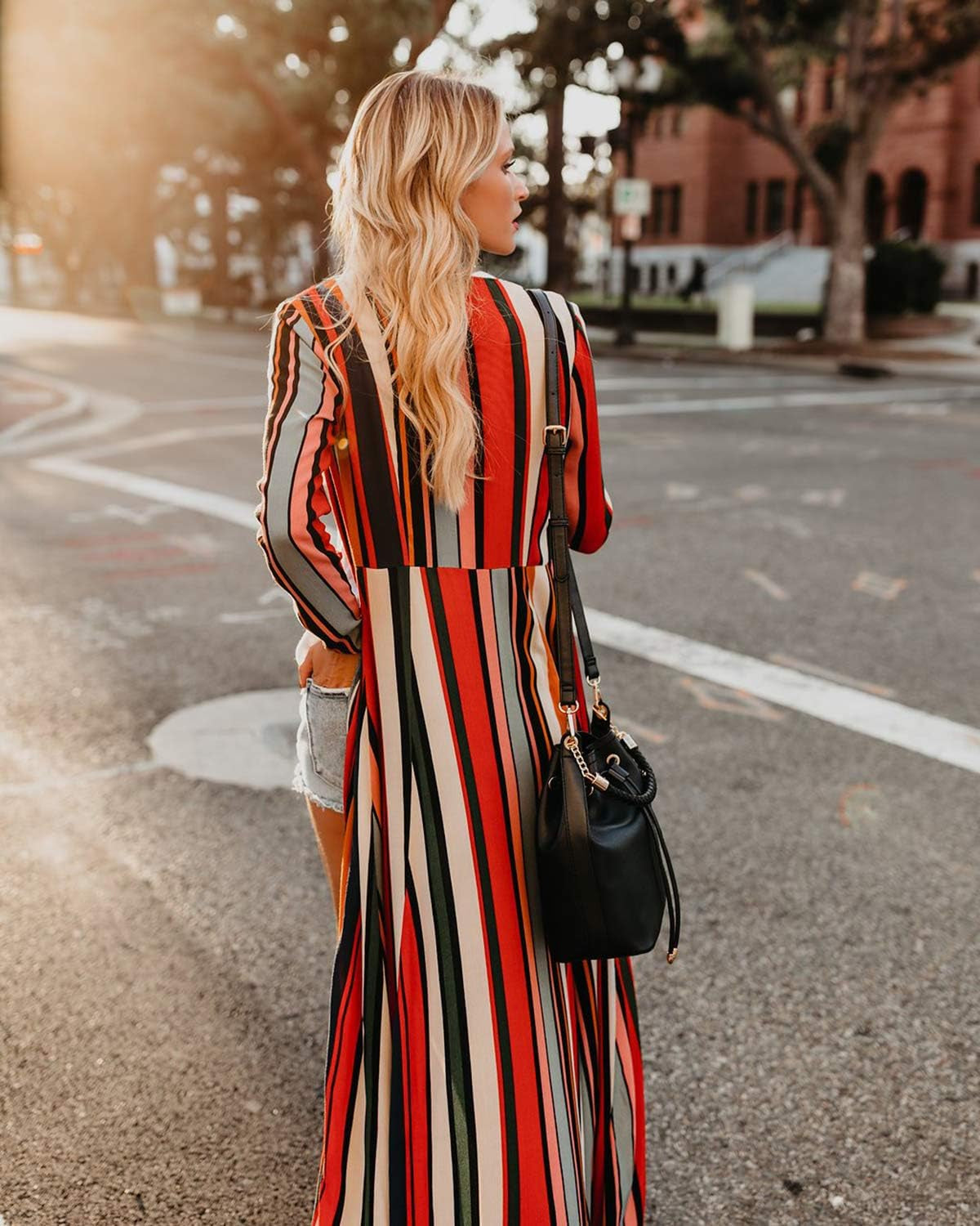 Women'S Chiffon Split Long Sleeve Lightweight Striped Kimono Cardigan Spring Outfit Wrap Cover up Medium