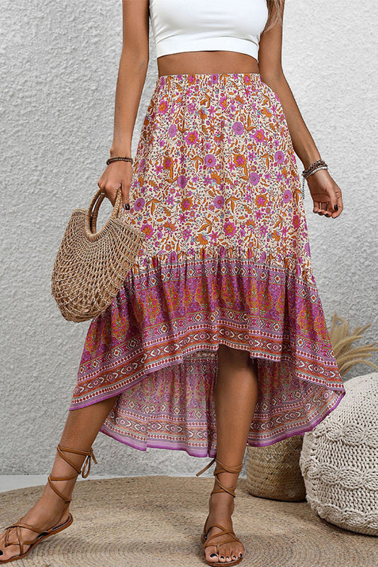 Purple Boho Floral Print Skirt