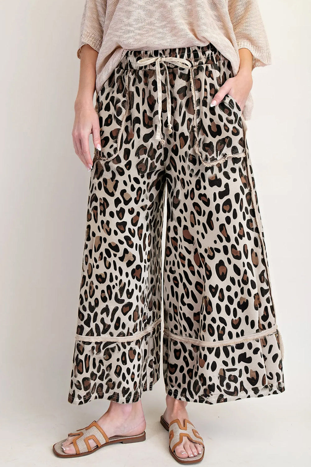 Khaki Leopard Drawstring Wide Leg Cropped Pants