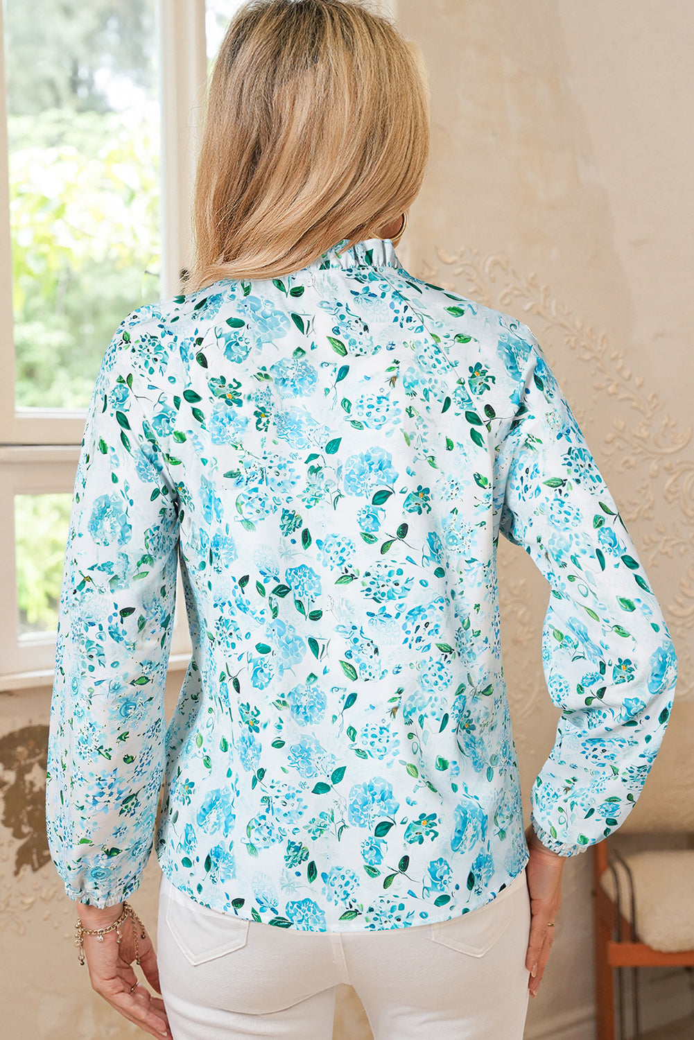 Sky Blue Boho Floral Print Long Sleeve V Neck Blouse