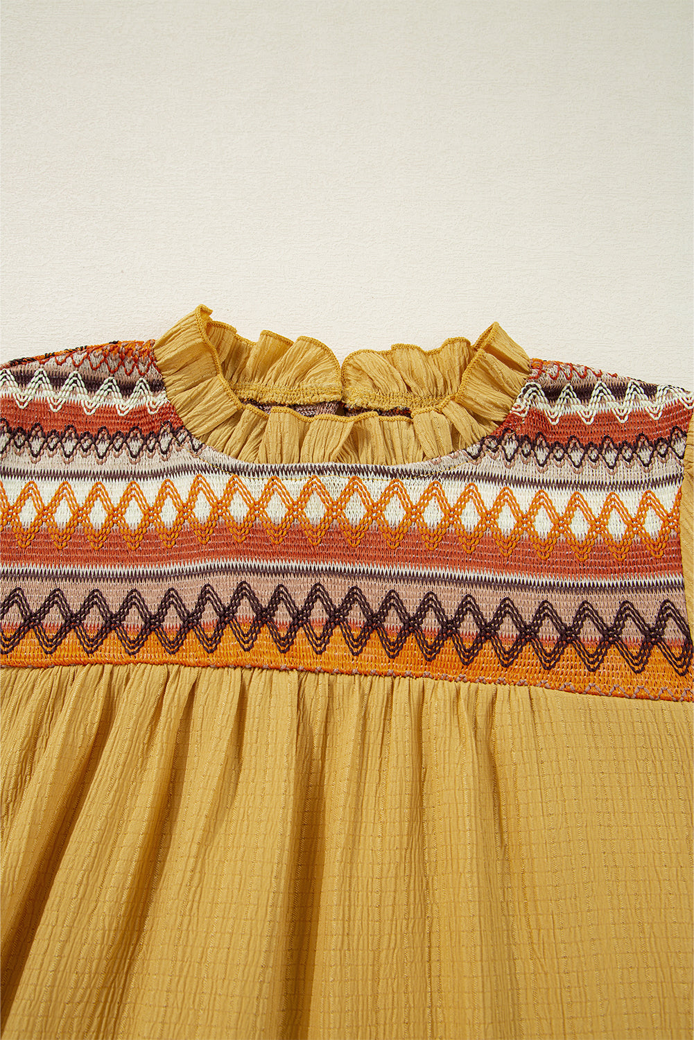 Mustard Geometric Short Puff Sleeve Frill Neck Blouse