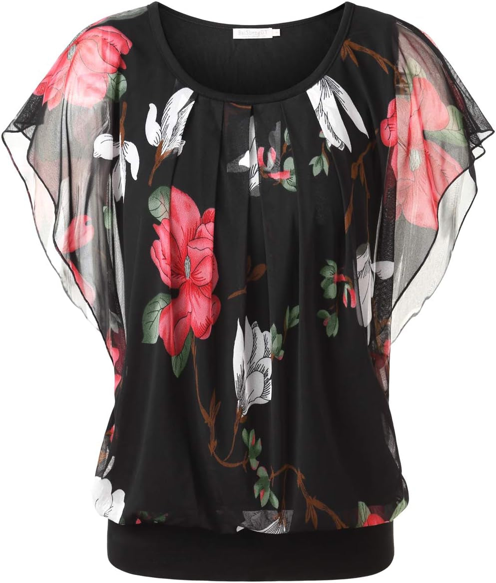 Womens Summer Tops Flutter Short Sleeve Pleated Front Mesh Shirts Dressy Casual Blouses