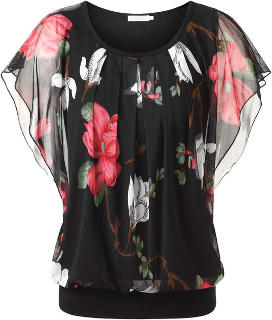 Womens Summer Tops Flutter Short Sleeve Pleated Front Mesh Shirts Dressy Casual Blouses