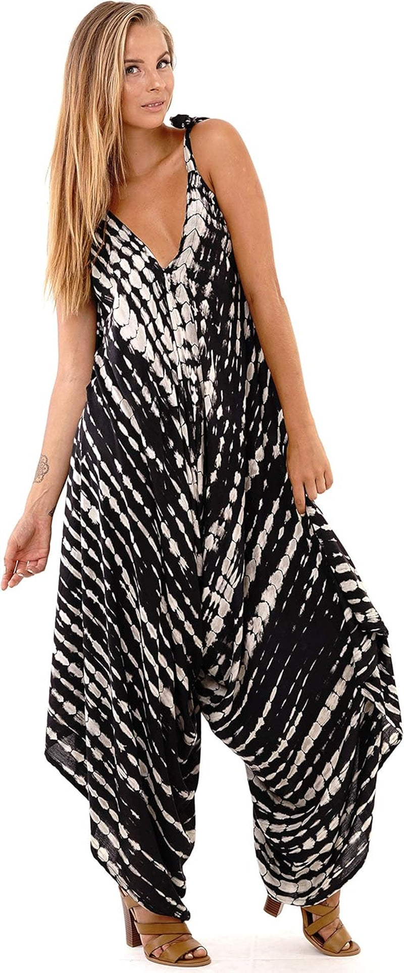 Womens Boho Harem Jumpsuit Casual Sleeveless One Piece Romper Wide Leg Loose Fit Tie Dye