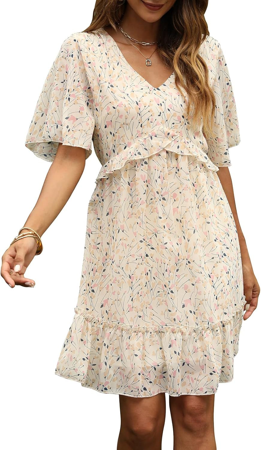 Women'S Chiffon Floral Print V Neck Casual Mini Boho Ruffle Swing Dress MY068