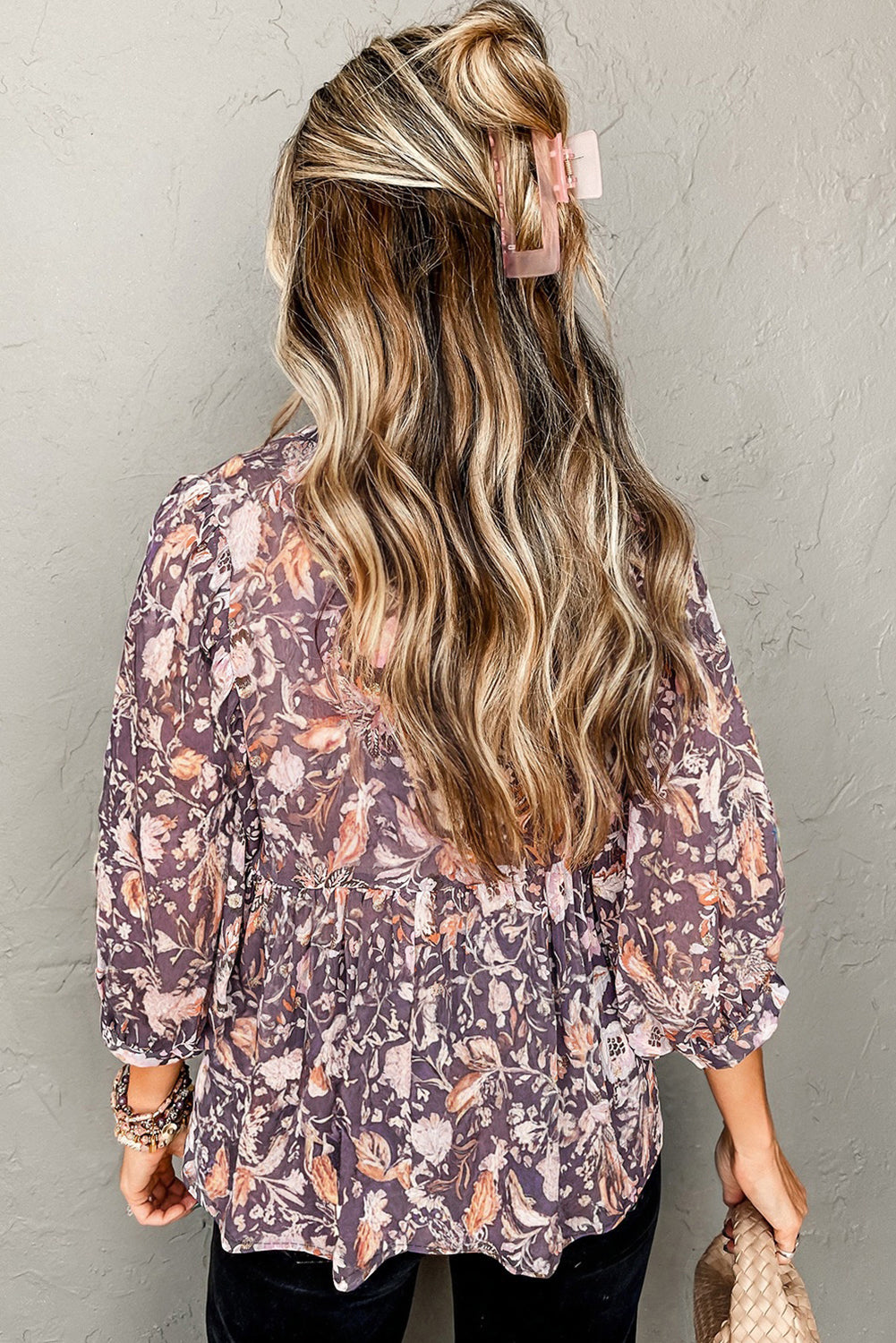 Blue Boho Floral Print 3/4 Sleeve Babydoll Blouse