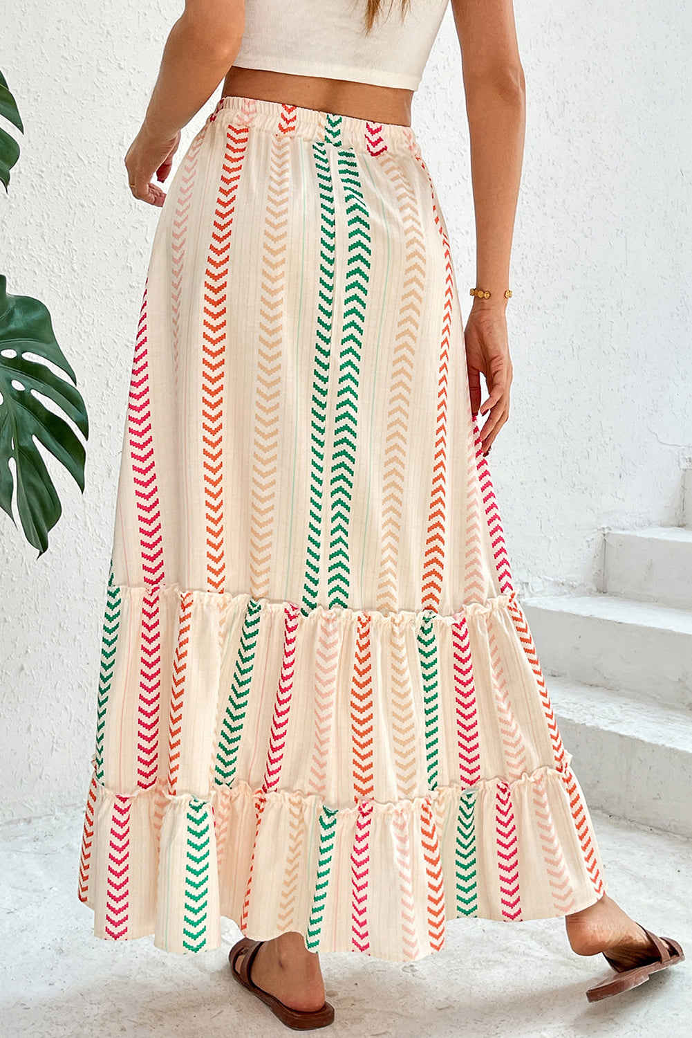 Multicolour Stripe Boho Tassel Tie Waist Tiered Maxi Skirt