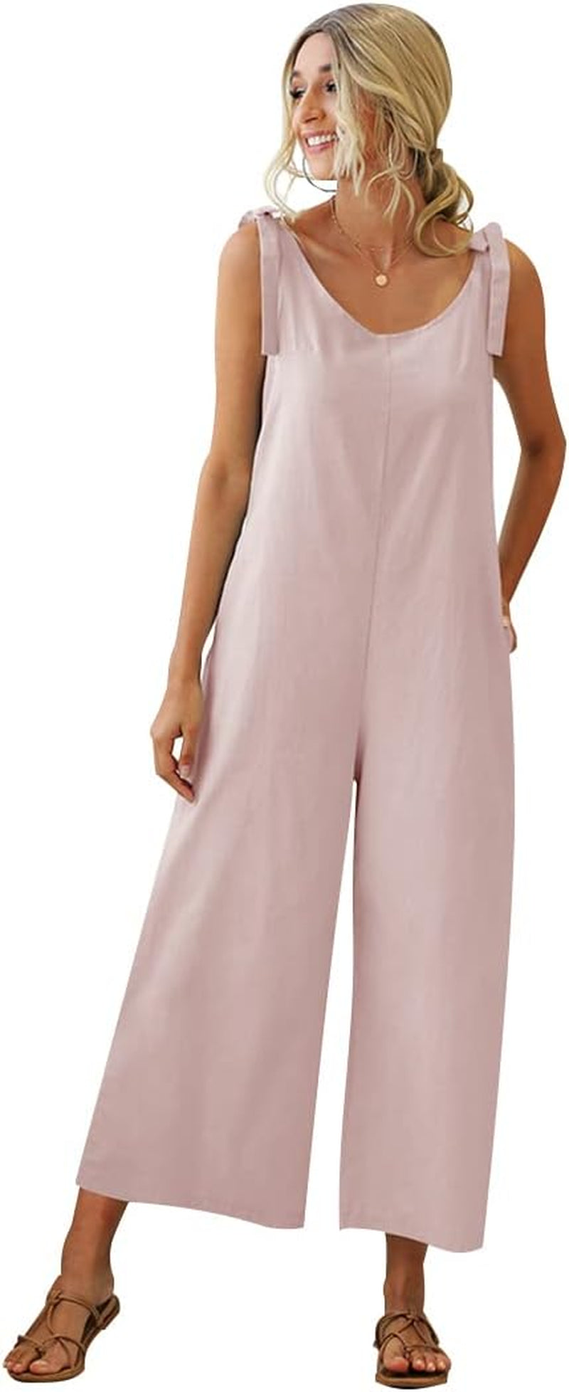 Women'S Casual Adjustable Strap Wide Legs Solid Color Loose Overalls Jumpsuits Jumpers (S, Pink)