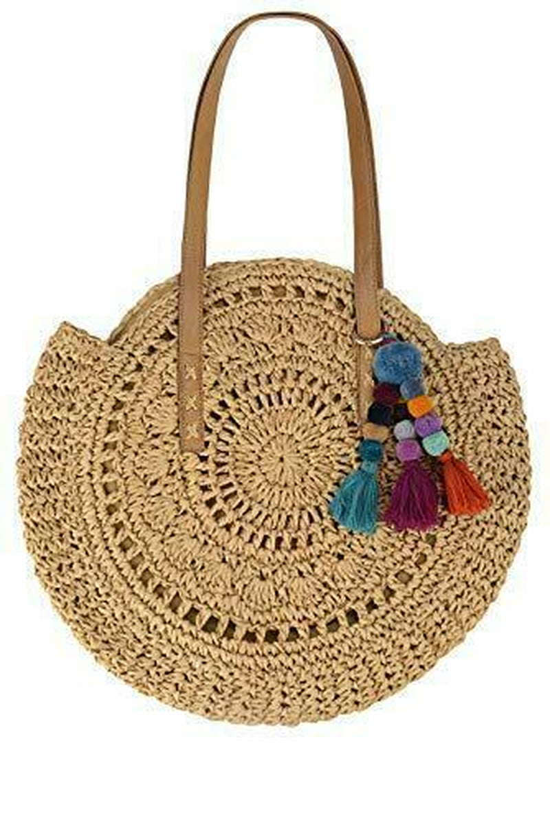 Beach Bag Straw Natural Chic Large round Bohemian Shoulder Hand Bag -Khaki