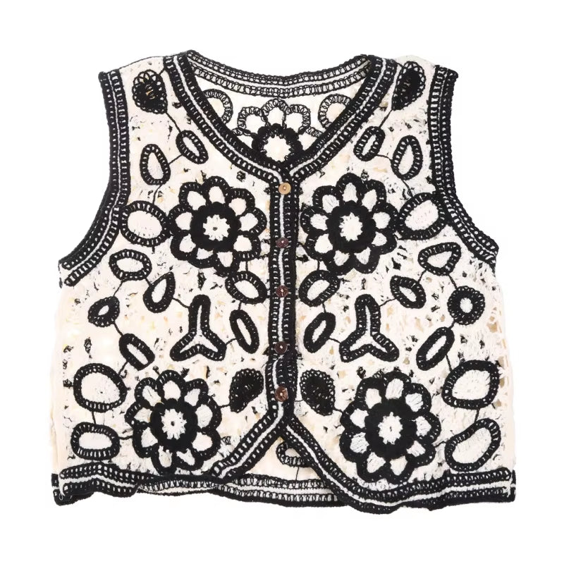 Women Vintage Hollow Out Crochet Crop Top Vest Embroidery Floral Sleeveless Jacket Cardigan Button down Boho Hippie Casual New