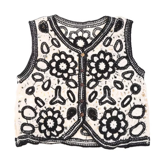Women Vintage Hollow Out Crochet Crop Top Vest Embroidery Floral Sleeveless Jacket Cardigan Button down Boho Hippie Casual New