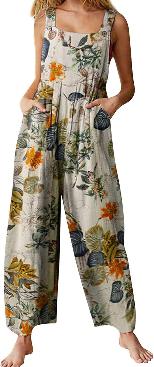Women'S Summer Floral Overalls Cotton Linen Baggy Overalls Wide Leg Casual Jumpsuit Boho Loose Suspender Harem Pants (Yellow, Small)