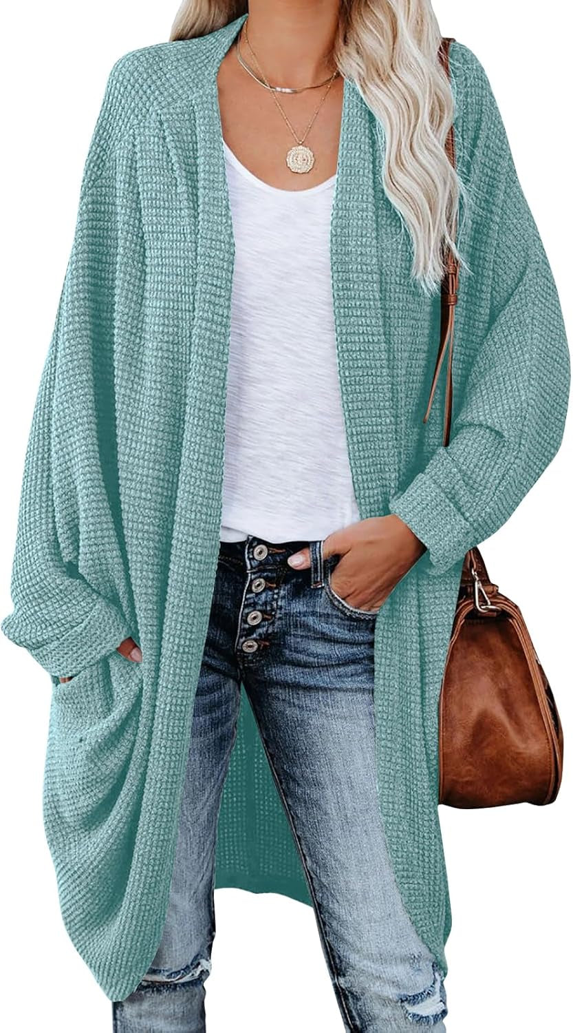 Womens Open Front Knit Cardigan Long Batwing Sleeve Oversized Sweater Chunky Waffle Cable Boho Pockets Coat