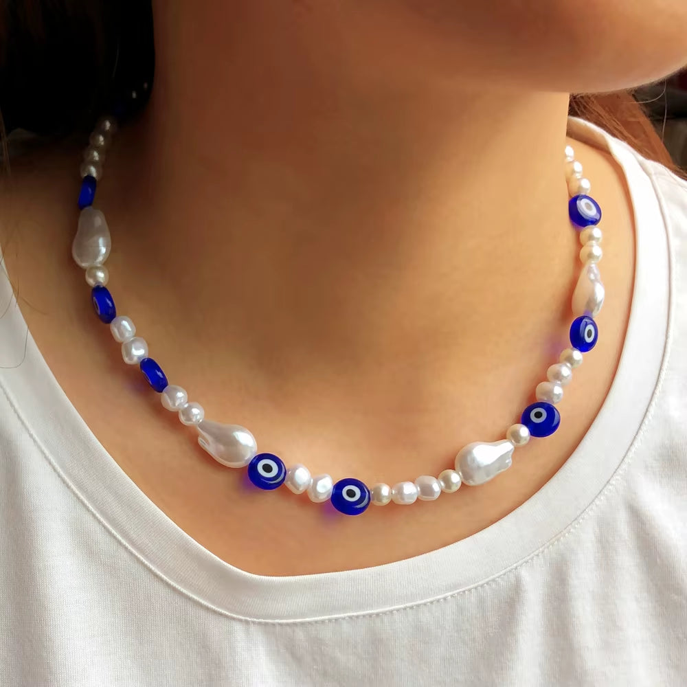 4 Colors Choice Boho Murano Glass Evil Eye Beads Necklace Handmade Turkish Evil Eye Baroque Pearl Chokers Women Jewelry