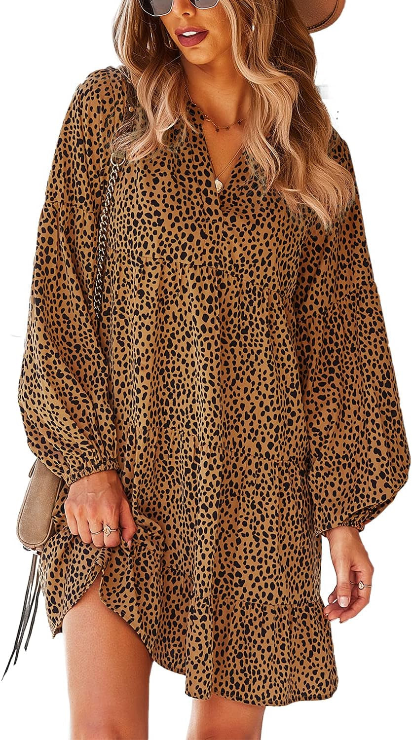 Women'S Casual Tunic Dress Long Sleeve Boho Polka Dot Swing Ruffle Mini Dress S-3XL