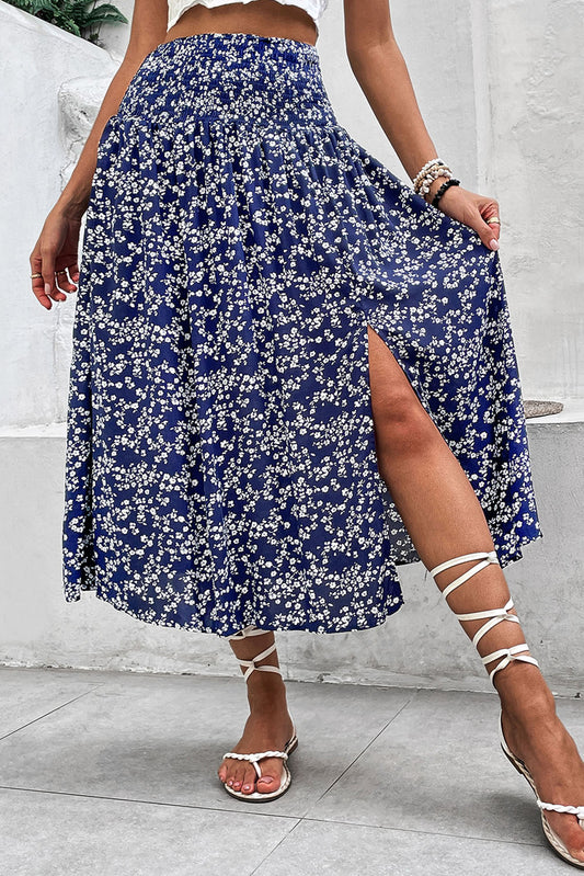 Navy Blue Floral Print Side Split Long Skirt