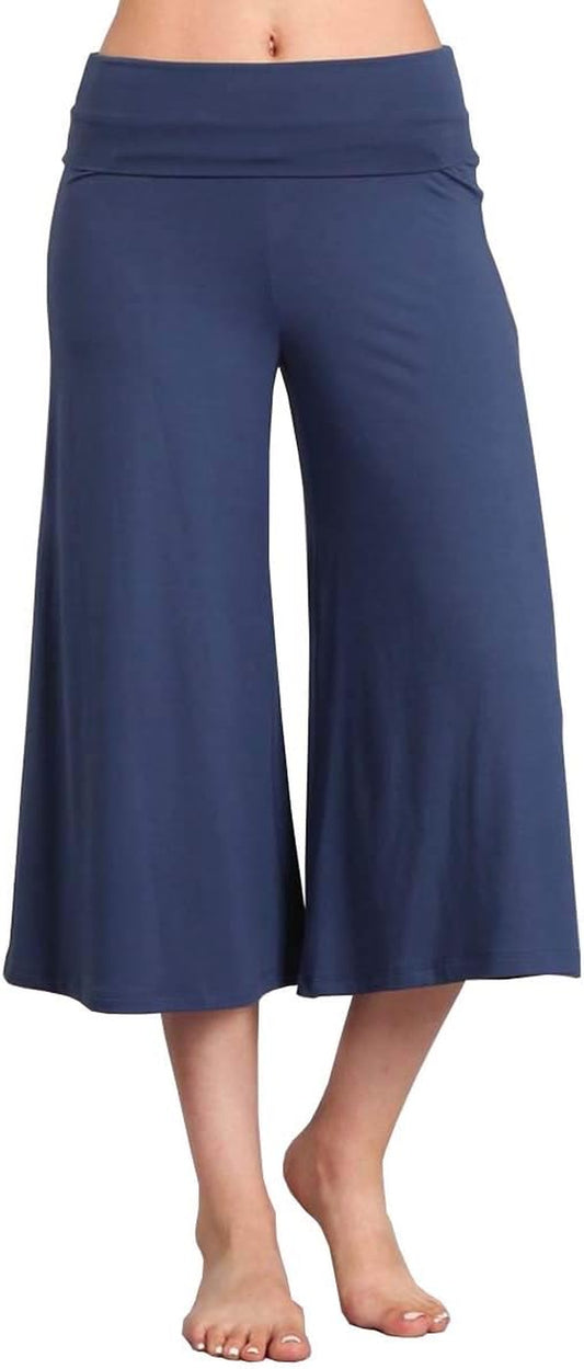 Women'S Solid Tie Dye Wide Leg Flared Capri Boho Gaucho Pants W/Lace Detail