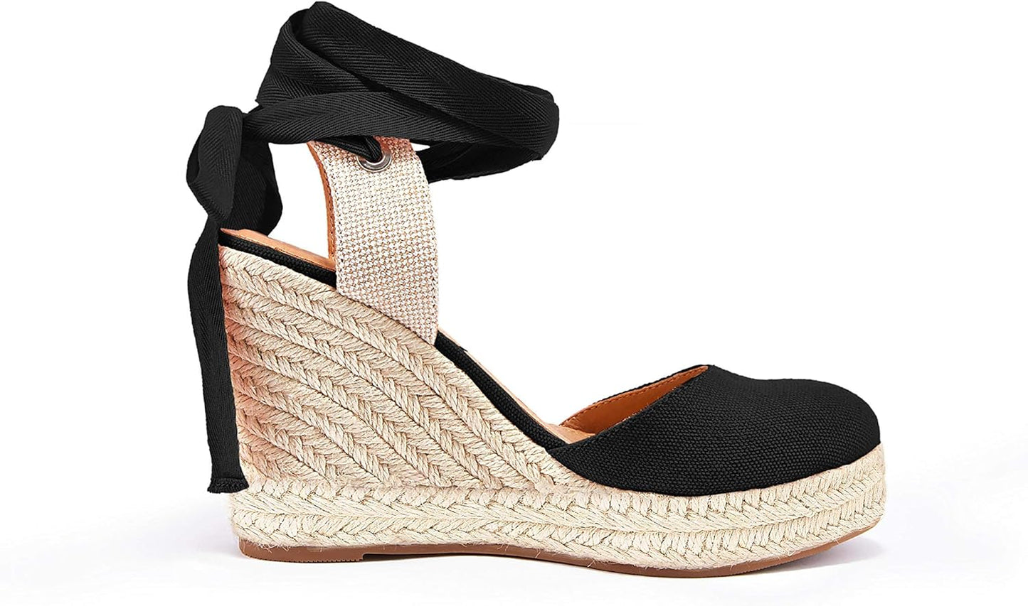 Women'S Espadrille Wedge Sandals Closed Toe Lace up Platform Ankle Wrap Summer Casual Shoes