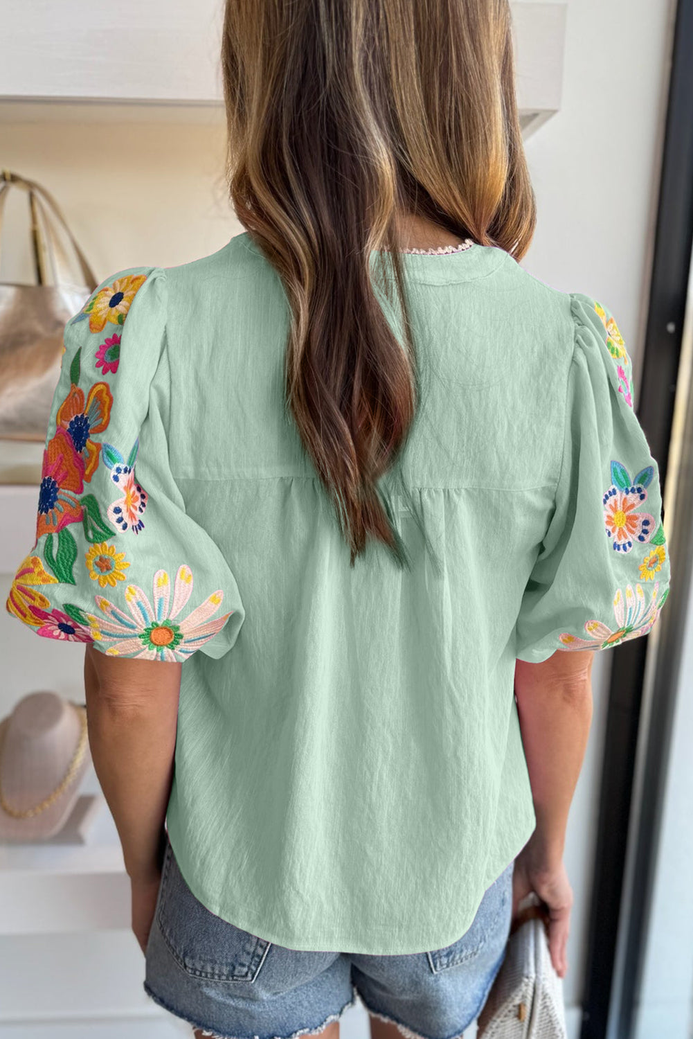 Clearly Aqua Floral Embroidered Puff Sleeve Split Neck Blouse